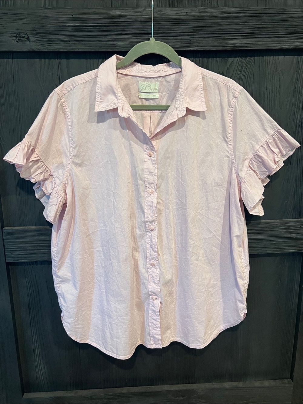 J. Crew Light Pink Short Sleeve Ruffle Button-Down Shirt, size 8